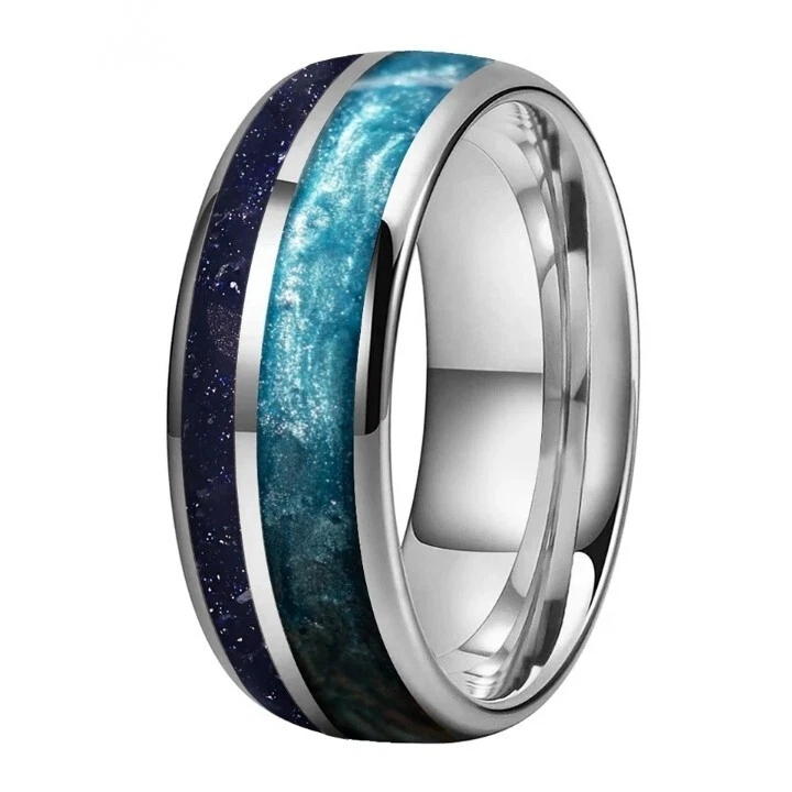 8MM Blue Sandstone and Crushed Pearl Men Women Tungsten Carbide Ring Band - Image 2 of 4