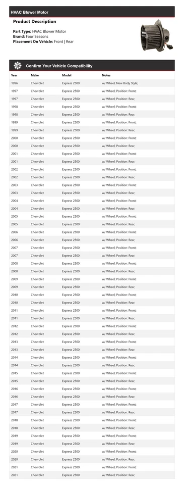 Motor soplador de climatización para Chevrolet Express 2500 1996-2021 4 estaciones 1997 1998 1999 Foto 2 de 4
