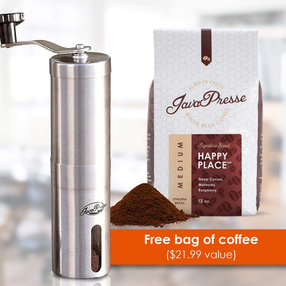 JavaPresse Moulin à café manuel en acier inoxydable – 18 réglages ajustables, broyeur à meules coniques portable pour camping, voyage, espresso – avec manivelle