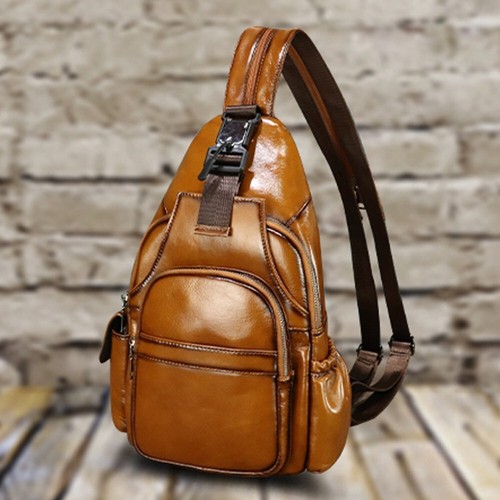 Genuine Leather Sling Bag Men and Women Vintage Chest Sling Backpack Purse - Picture 10 of 14