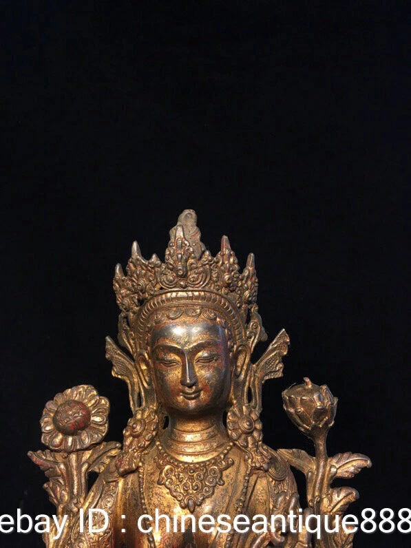 Старый Тибет бронза позолоченный зеленый Тара Махаяна буддизм просветления богини статуя - Изображение 2 из 4