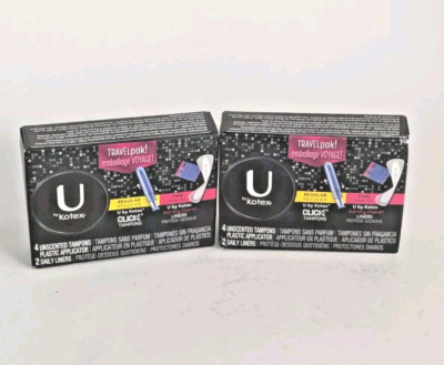 Lot of 2 Kotex Travel 4 Unscented Tampons & 2 Liners Per Box