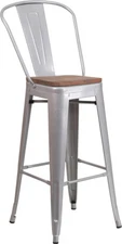 30" Industrial Style Silver Metal Bar Height Restaurant Stool with Wood Seat