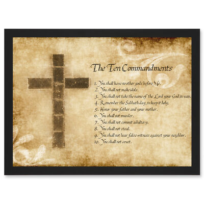 Ten 10 Commandments Cross Christian Quote A4 Framed Wall Art Print