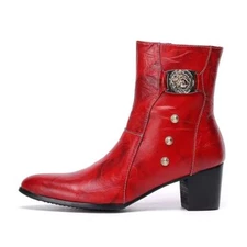 Men's Western Ankle Boots Chelsea Dress Leather Boot Side Zipper Red