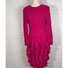 Adrianna Papell Dress Women 12 Pink Animal Embossed Magenta Ruffles Silk VTG