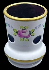 Vintage Czech Bohemian Moser Bud Vase White Cut to Cranberry Handpainted Flowers