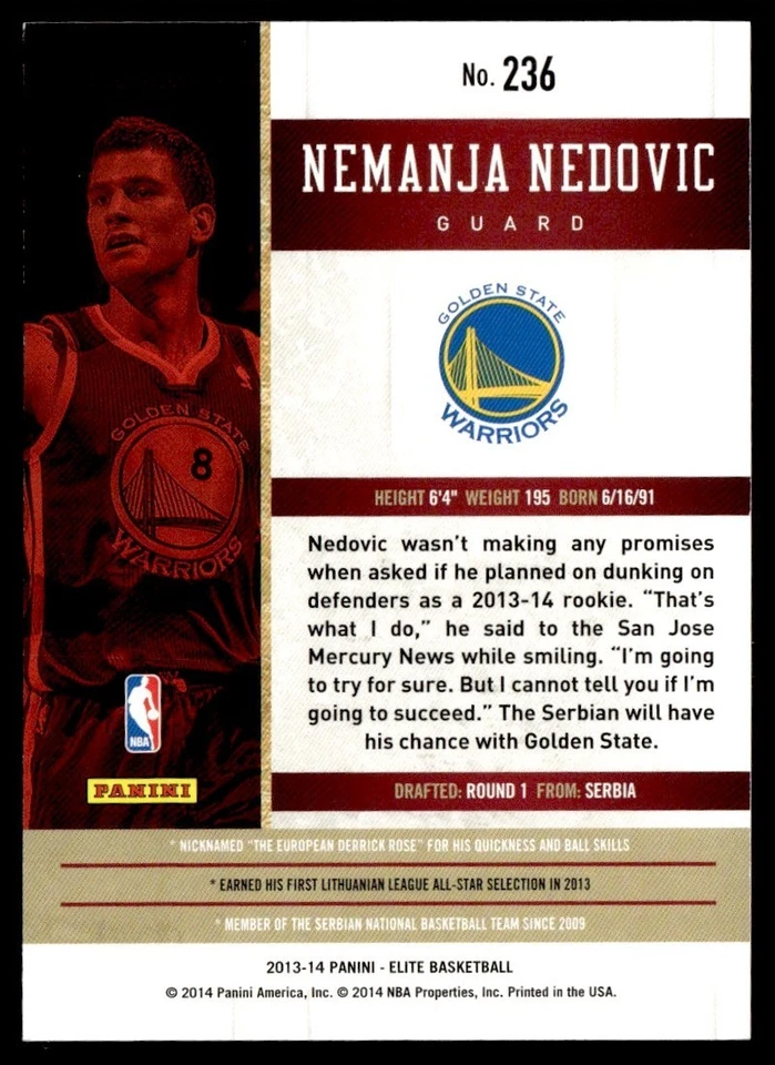 2013-14 Panini Elite Nemanja Nedovic Rookie 501/999 Golden State Warriors #236 - Image 2 of 2