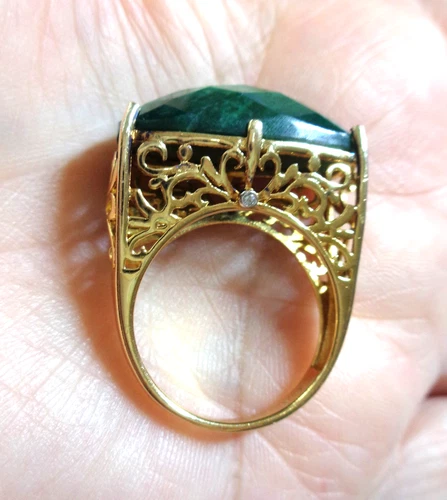 Vintage, Sterling 925 Stamped, Gold Over, Green Gemstone and Diamonds, Massive R