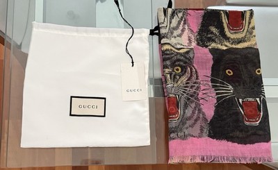Gucci Tiger Heads Print Silk Pink Sheer Shawl Scarf Oversized Wrap