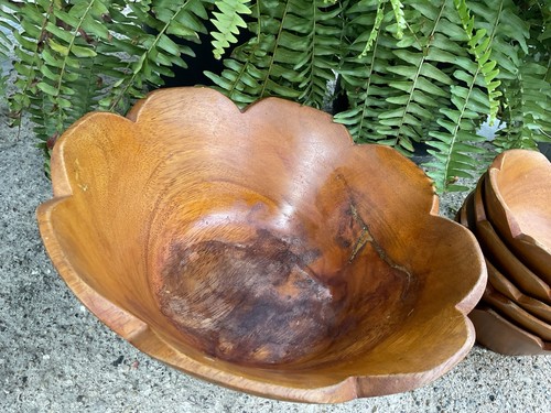 VTG Wood Salad Bowl Set-MCM-6 Piece -Ruffled Edge-Scallop Rim Flower MCM BOHO - Picture 3 of 11