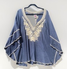 JOHNNY WAS S Poncho Navy Blue Bohemian Flowy Embroidered Top See Picture