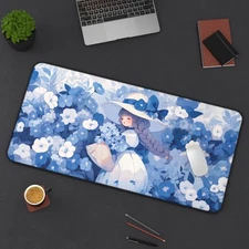 Anime Desk Mat, Anime Girl Desk Mat, Floral Girl Desk Pad, Blue Anime Mouse Pad