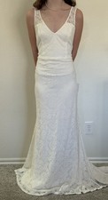 Ivory Lace Sheath Wedding Dress V Neck Sleeveless with Train Button Back