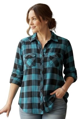 TORRID 00 0X XL Turquoise Blue Black Plaid Rayon Button Down Camp Shirt R $49 