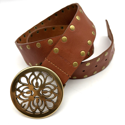 Women\'s Brown Leather Belt with Ornate Brass Medallion Vtg Art Nouveau Style Leather Belt Woman Floral Buckle Brass  main image 3