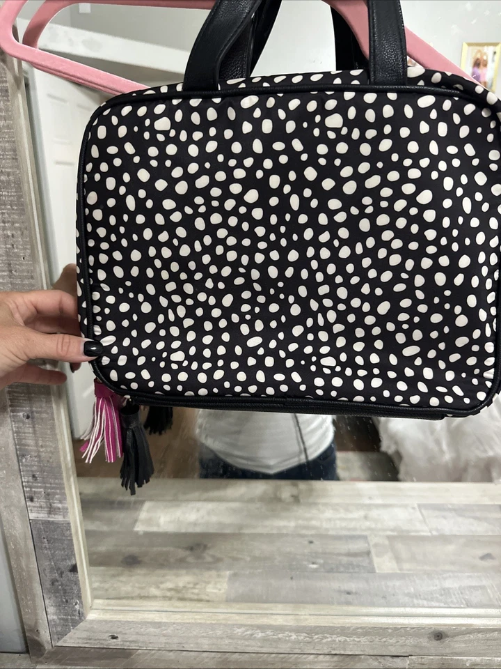 Betsey Johnson Cosmetic Case Black Polk Dots Pink Stripes Weekender Travel Bag - Image 2 of 4