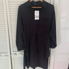 NWT ZARA Black Long Sleeve Shirt Dress Short Button Front Drawstring Waist Satin