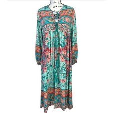 R. Vioimos Boho Maxi Dress M Turquoise Floral Paisley Tassel Tie Neck Hippie