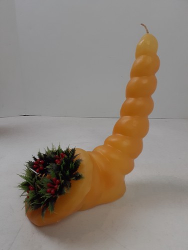 Grande candela vintage in cera di Cornucopia con corona di bacche di agrifoglio 9,5" RARA anni 60-70 - Foto 1 di 13