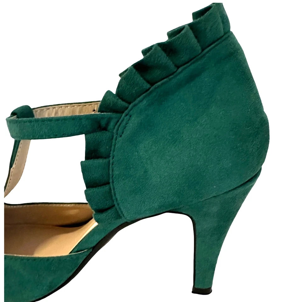 Women's New Beacon Green Silky Micro Suede T-Strap Ruffle Dress Heels Shoes 8.5W - Image 3 of 4