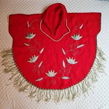 VTG Poncho Floral Embroidered Floral Red Cape Fringe Jacket Coat Shawl Wool Boho