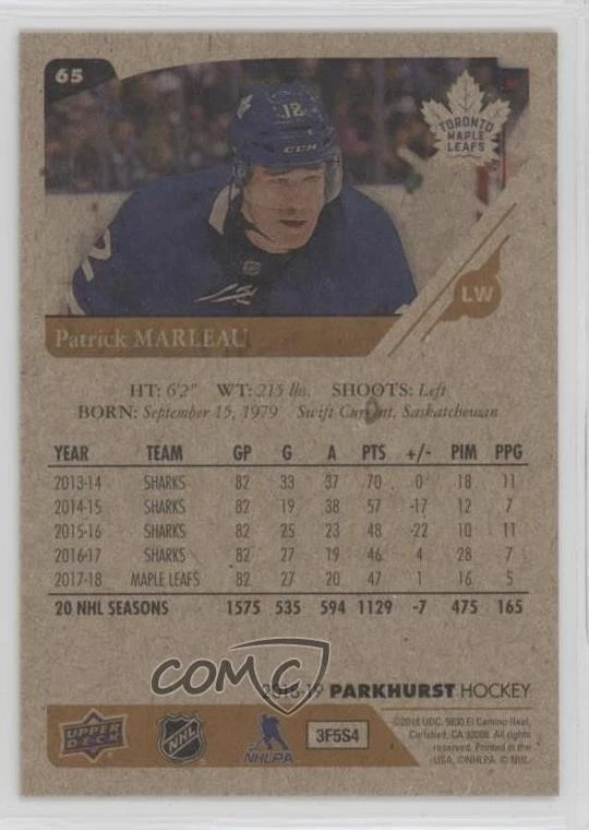 2018-19 Upper Deck Parkhurst Bronze Patrick Marleau #65 - Image 2 of 2