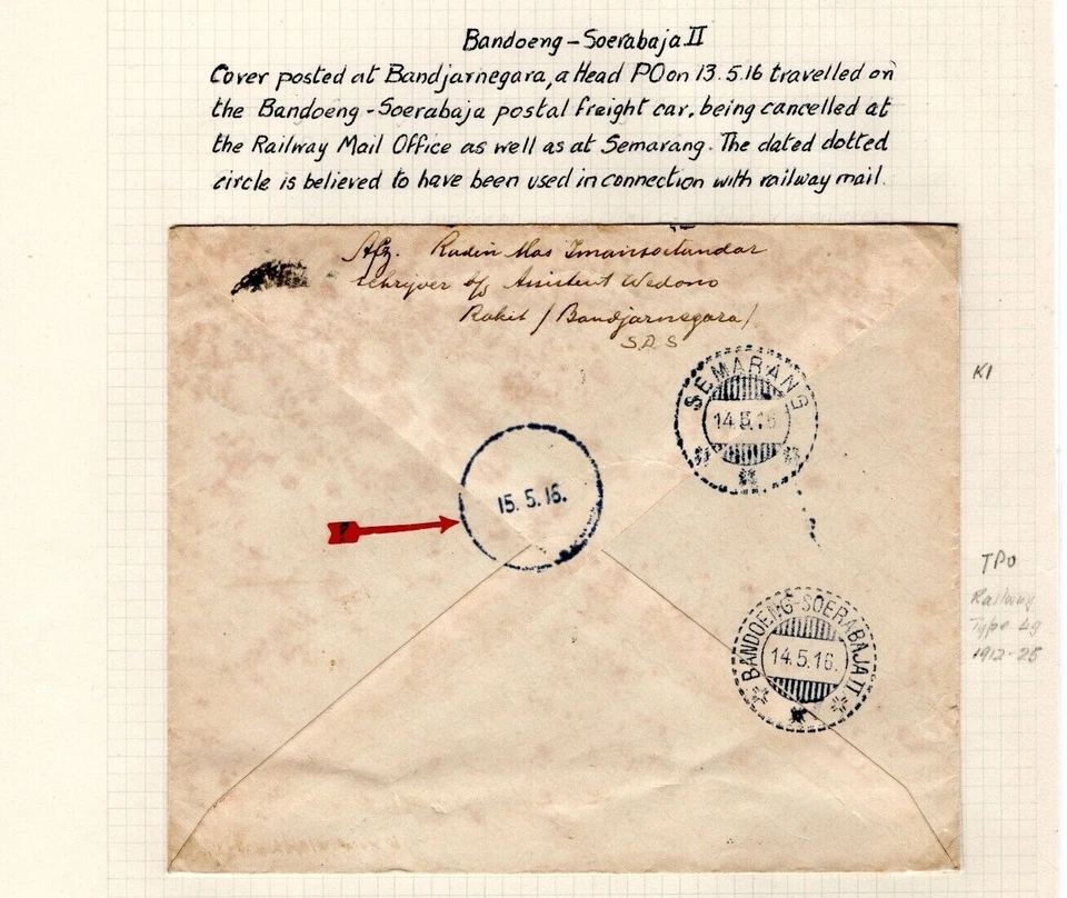 Cubierta rara de las Indias Orientales Holandesas 1916 RAILWAY CDS y *bandoeng-soerabaja ii*tpo dl136 Foto 2 de 4