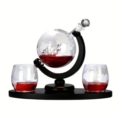 Elegant Whiskey Etched Globe Decanter Set , 850ml, Complete Set With Wood Stand