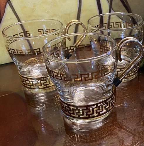 Vtg MCM Libbey Gold Greek Key Continental Glass Coffee Cups Mugs 3 Metal Handles