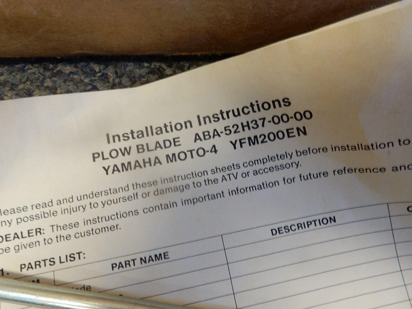 NOS Yamaha OEM Plow Blade Mount Assy 1985 YFM200EN YFM200 Moto-4 ABA-52H37-40