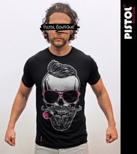 Pistol Boutique Uomo Nero Girocollo Hipster Barba Sole Sigaro Teschio T-Shirt