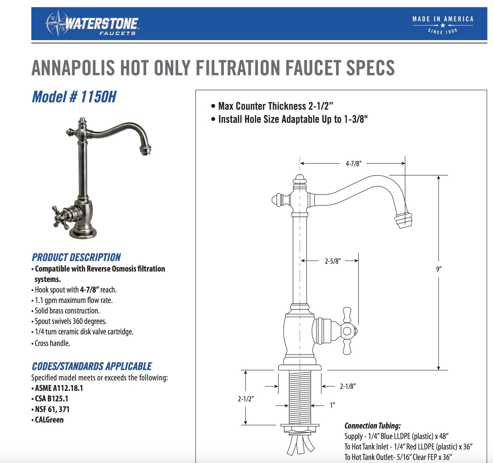 Waterstone Annapolis Hot Drinking Water Faucet Dispenser Satin Chrome