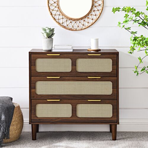 3 Drawer Modern Rattan Dresser Cabinet with Metal Handles, Farmhouse Wood
