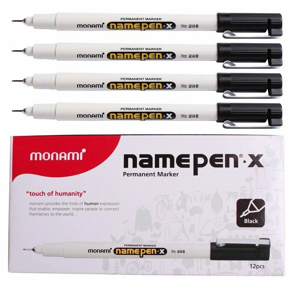 Fine Tip Permanent Marker Pen Monami X Thin Point 0.4mm Name Tags 12Pcs  Black