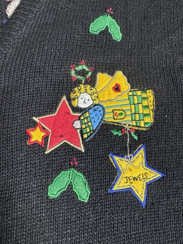 Vintage Quacker Factory BlackChristmas Cardigan 2X Angels Wishes Kitschy Button - Picture 5 of 24