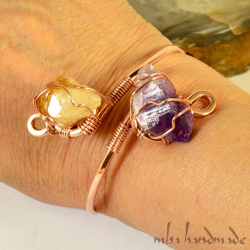 Women's Natural Amethyst Citrine Point Crystals Copper Cuff Vintage Bracelet - Picture 2 of 4