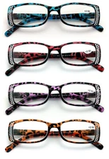 4 Pairs women rectangular spring hinge leopard print readers reading glasses