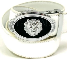 Fashion Lion Tiger Head Jean Leather Automatic Slide Ratchet Buckle Belt Silver