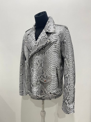 Man's Snakeskin Biker Jacket | Python Leather Moto Jacket, Natural Grey Jacket | - Picture 8 of 11