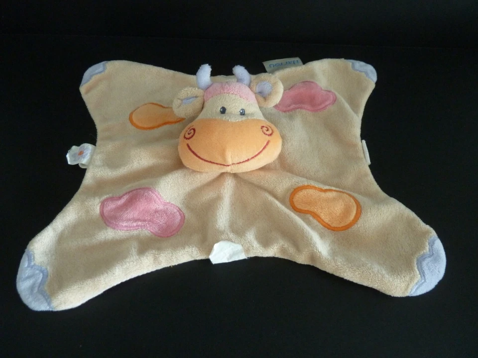 *. DOUDOU PLAT NATTOU VACHE beige taches orange rose corne bleu mauve TTBE - Photo 2/4