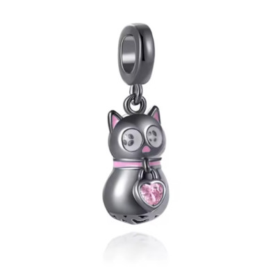 Schwarzer Charm Anhänger schwarze Katze mit Herz   Passend für Armband & Kette
