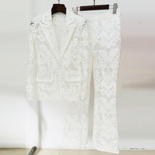 2024 New Womens Lace Coat Blazer Mesh Embroidered Sequin Jacket Long Pants 2pcs