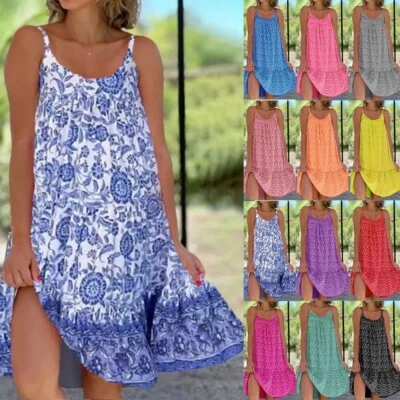 Plus Size Swing Ladies Floral Dress Womens Holiday Sleeveless Summer Sundress UK