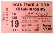 June 19 1971 STEVE PREFONTAINE U.W. Seattle Track meet TICKET mint p3