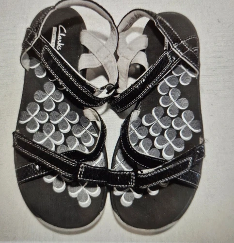 Sandalo piatto CLARKS TG 7 punta aperta nero e grigio Tresca Trace cinturino alla caviglia nuovo senza scatola