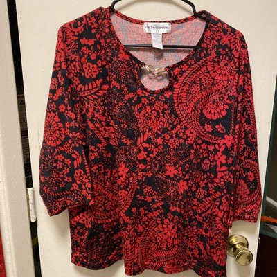 Cathy Daniel s XL Blouse Red &Black Floral Chained Keyhole Neckline 