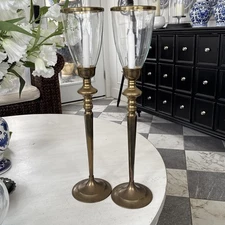 Set Of 2 - 22.75” Hurricane Candle Holder Brass & Clear GLASS