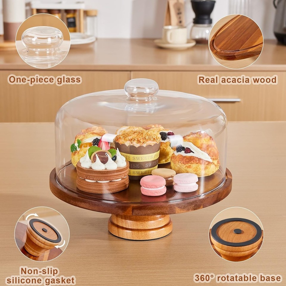 Glass Cake Stand W/ Lid,11in Wooden Rotating Cake Stand W/ Dome Cover ...