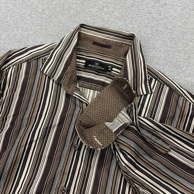 Bugatchi Uomo Button Up Shirt Men s Size XXL Brown Vertical Striped Flip Cuff 